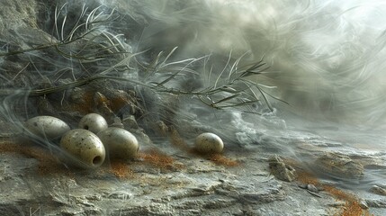   A pile of dirt with green leaves and eggs on top, resting atop a rocky hillside