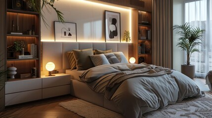 Suburban Mid-Century Modern bedroom with a custom headboard, built-in lighting, and soft, textured bedding