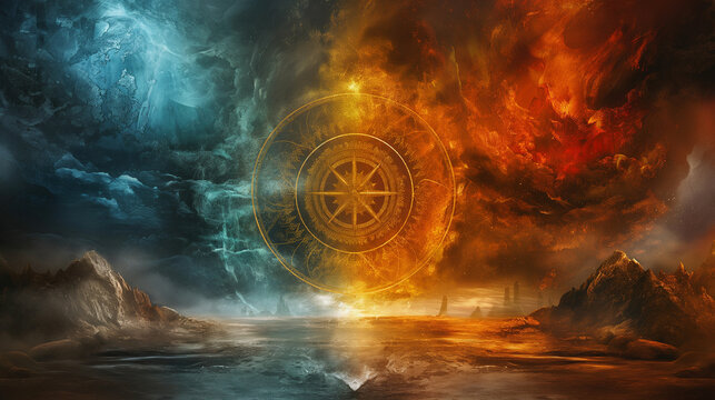 The Wheel of Samsara surrounded by representations of the four elements, balanced and eternal, bottom third copy space