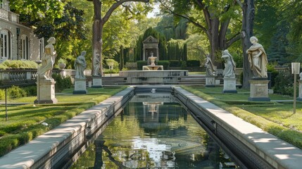 Naklejka premium The formal reflecting pool of a Suburban Colonial home, lined with Roman statues and featuring a central fountain, perfect for garden parties