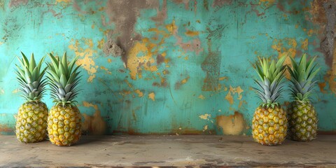 Five fresh pineapples against a rustic textured teal background for a vibrant and tropical fruit decor or culinary inspiration