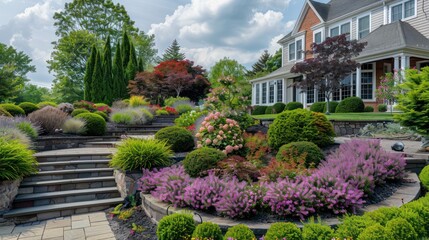 Obraz premium The formal, terraced garden of a Suburban Colonial home, featuring a variety of flowering shrubs and small trees, designed for year-round beauty
