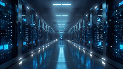 Fototapeta premium Futuristic data center with blue lights and server racks - generative ai
