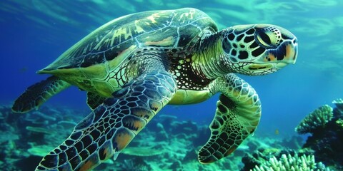 Fototapeta premium Spectacular Underwater Close-Up of a Sea Turtle Swimming Over Vibrant Coral Reefs in Crystal-Clear Blue Ocean Waters