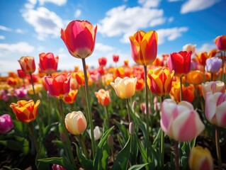 Blooming Beauty: Vibrant Tulip Field in Spring with Colorful Flowers in Rows