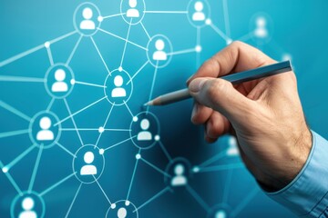 A businessman draws a social network connection with people icons on a blue background, in the style of a business concept for online marketing and community building Generative AI