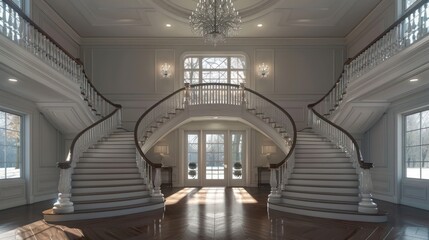 Fototapeta premium The grand entryway of a Suburban Colonial home, featuring a double staircase and a crystal chandelier