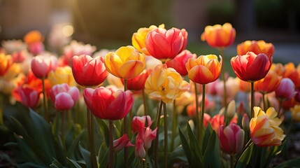 Vibrant Red and Yellow Tulips Basking in Morning Light in a Garden
