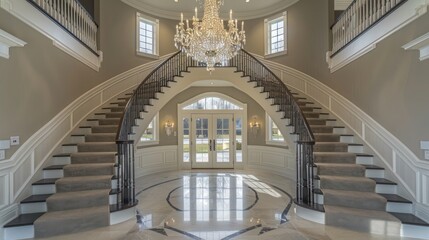 The grand entryway of a Suburban Colonial home, featuring a double staircase and a crystal chandelier