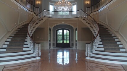 Fototapeta premium The grand entryway of a Suburban Colonial home, featuring a double staircase and a crystal chandelier