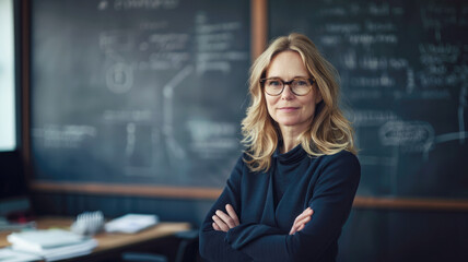Portrait of smiling middle aged female teacher posing with crossed arms in classroom, elementary to university education, copy space.