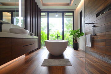 Fototapeta premium Modern bathroom interior with toilet and bath, minimalistic and stylish bathroom in brown with wooden decorative elements, close to big window