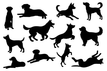 Vector illustration. Set of silhouettes of dogs of different breeds in different poses.