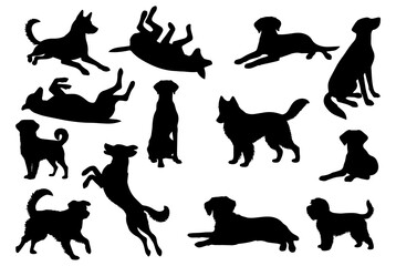Vector illustration. Set of silhouettes of dogs of different breeds in different poses.