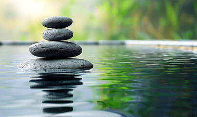 Zen Balanced Spa Stones Reflection in Tranquil Water Setting with Green Background for Relaxation and Meditation