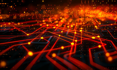 Fototapeta premium Futuristic High-Tech Grid with Neon Orange and Yellow Lines Representing Connectivity and Advanced Technology Concepts at Night