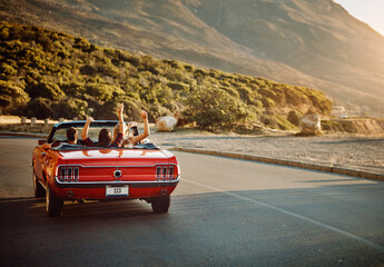 Travel, freedom and friends in car for road trip by sunset for countryside vacation or holiday....