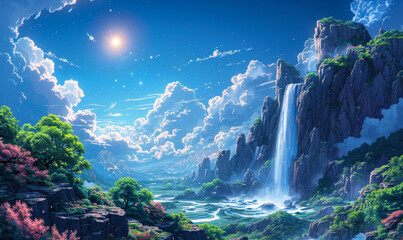 Majestic Rocky Landscape with Waterfall under Aurora Sky, Serene Nature Scene in Blue Sky, Pristine Wilderness, and Vibrant Valley