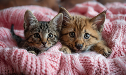 Adorable Puppy and Cat Snuggled on a Pink Blanket in Studio Portrait - Heartwarming Moments of Love and Friendship