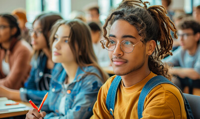 Engaged Multi-Ethnic College Students Listening to Classroom Lecture and Taking Notes in Bright Daytime Setting