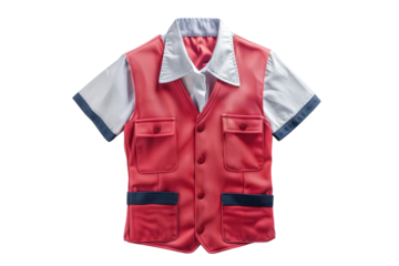 Red sleeveless shirt with white collar and short sleeves, two front pockets with Back to School trim.