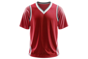 Red basketball jersey with white trim and v-neck. Perfect for sports team design.