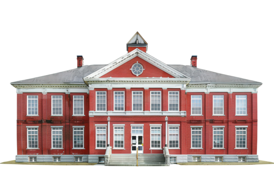 A vintage red brick building with a symmetrical facade, featuring multiple windows and a central entrance.