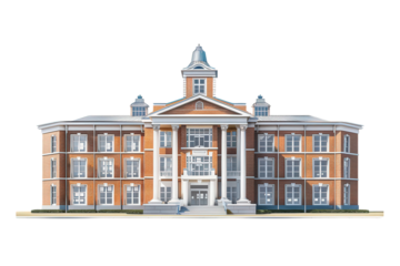 A grand, brick building with a clock tower and large columns. The building has a symmetrical facade and a central entrance.