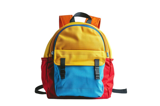 A colorful backpack with red, blue, and yellow panels. The backpack has a zippered main compartment and a smaller front pocket.