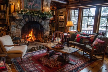 A cozy living room with a crackling fireplace.