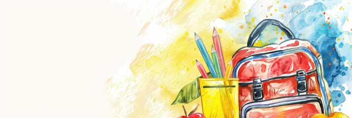 Back to school. Horizontal banner. School backpack and pencils on a white background. Watercolor illustration. Start of the school year. Day of knowledge. Free space for text