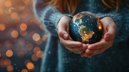 International day of charity. Horizontal banner. Hands holding globe on a dark background. Bokeh effect. Free space for text. Charity, volunteering, help, care concept.