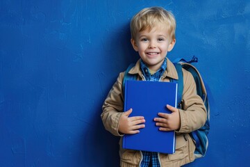 A young boy is holding a blue book and smiling. Back to school concept.