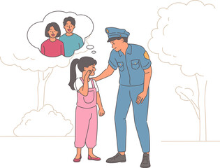 Kind policeman helps lost girl finds herself alone in park to find mom and dad. Caring guy in police uniform stands in front of upset pre-teen kid, got lost on way home from elementary school.