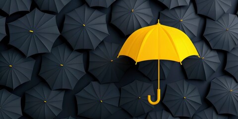 A yellow umbrella standing out in the middle of black umbrellas, symbolizing individuality and different thinking.