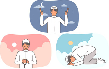 Muslim man reads namaz and prays to god at different times of day, observing rules of islam described in koran. Devout person performs momaz to become closer to god or receive theology from allah