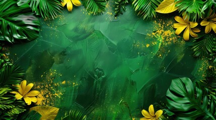 Independence Day of Brazil celebration. Horizontal banner. Happy National Day of Brazil. Frame in colors of flag of Brazil. Green and yellow leaves on a green background. Free space for text,