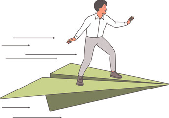 Fototapeta premium Confident business man flies standing on paper airplane forward to success, showing fearlessness and ambition. Fearless office worker wants to achieve success in job and climb career ladder