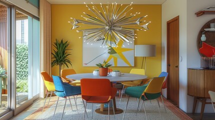 Obraz premium Suburban Mid-Century Modern dining area with a statement light fixture, a round table, and vibrant chairs