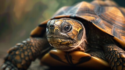 Obraz premium A turtle is shown in a close up. The turtle is brown and orange with a black head