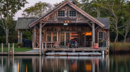 Obraz premium The lakeside boathouse of a Suburban Cape Cod home, styled in a rustic, coastal theme and used for lakeside gatherings and storage for water sports equipment