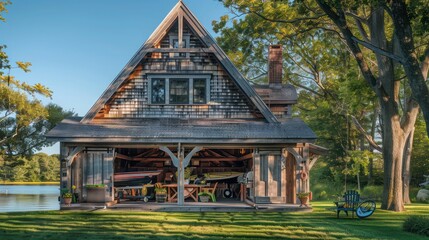 The lakeside boathouse of a Suburban Cape Cod home, styled in a rustic, coastal theme and used for lakeside gatherings and storage for water sports equipment