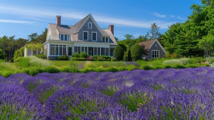 The lavender fields surrounding a Suburban Cape Cod home, providing a vibrant color palette and soothing fragrance throughout the property
