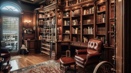 The library of a Suburban Victorian home, featuring floor-to-ceiling bookcases, a rolling ladder, and a hidden reading nook behind a false bookcase