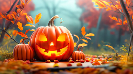 Autumnal Halloween pumpkin in a festive setting, glowing with candlelight amidst fall leaves, capturing the essence of the spooky season