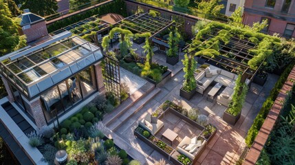 The lush rooftop garden of a Suburban Victorian home, complete with a Victorian-style greenhouse and seating areas under pergolas