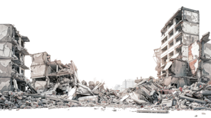 Demolished buildings on a transparent background