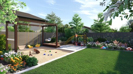 Suburban Modern backyard with a custom play structure, safe surfacing, and hidden storage for toys