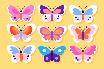 A set of bunches of  Cute butterflies sticker sheet, vector art illustration 