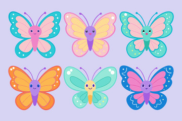 A set of bunches of  Cute butterflies sticker sheet, vector art illustration 